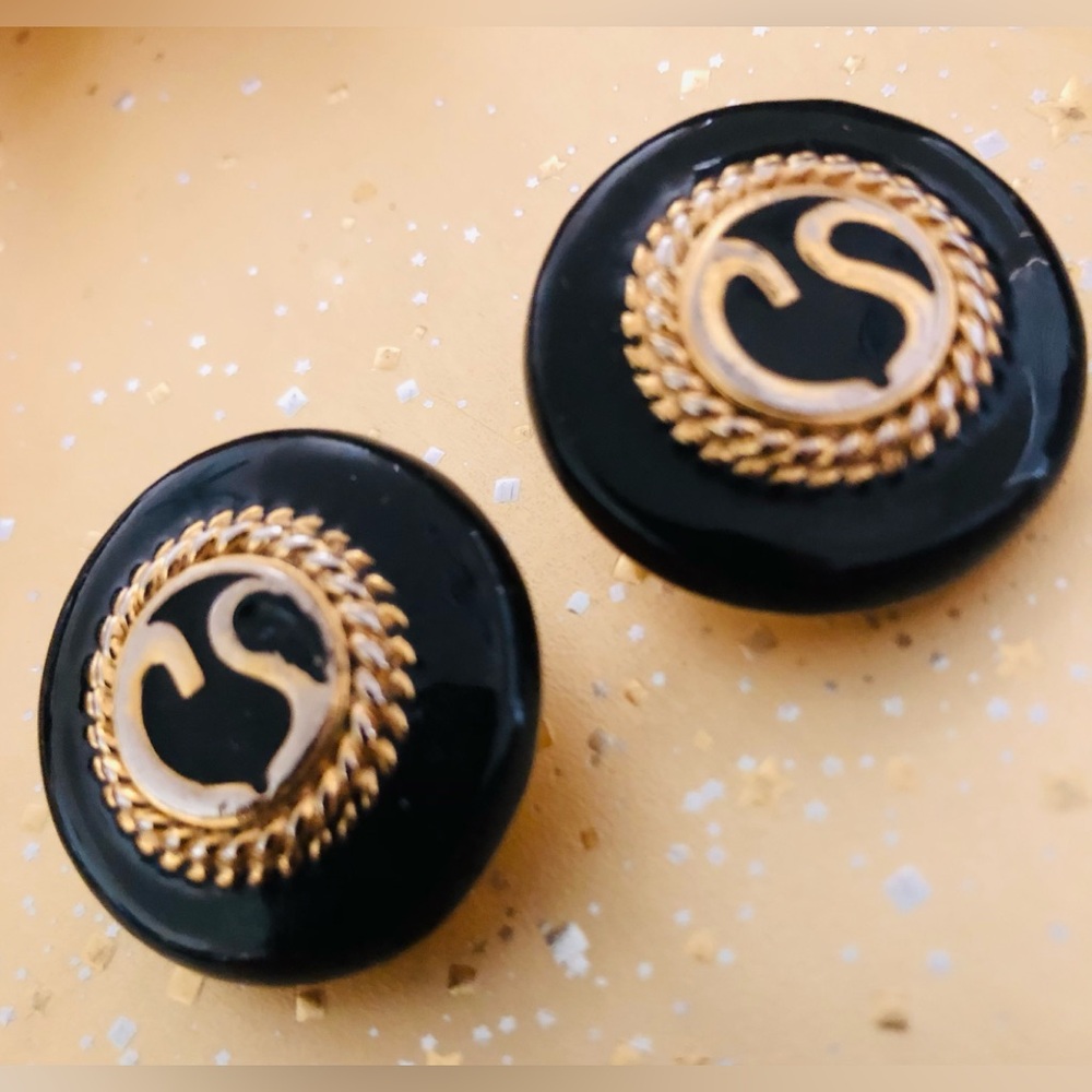 Vintage Earrings - St. John Signature Logo Button Style Clip On Earrings